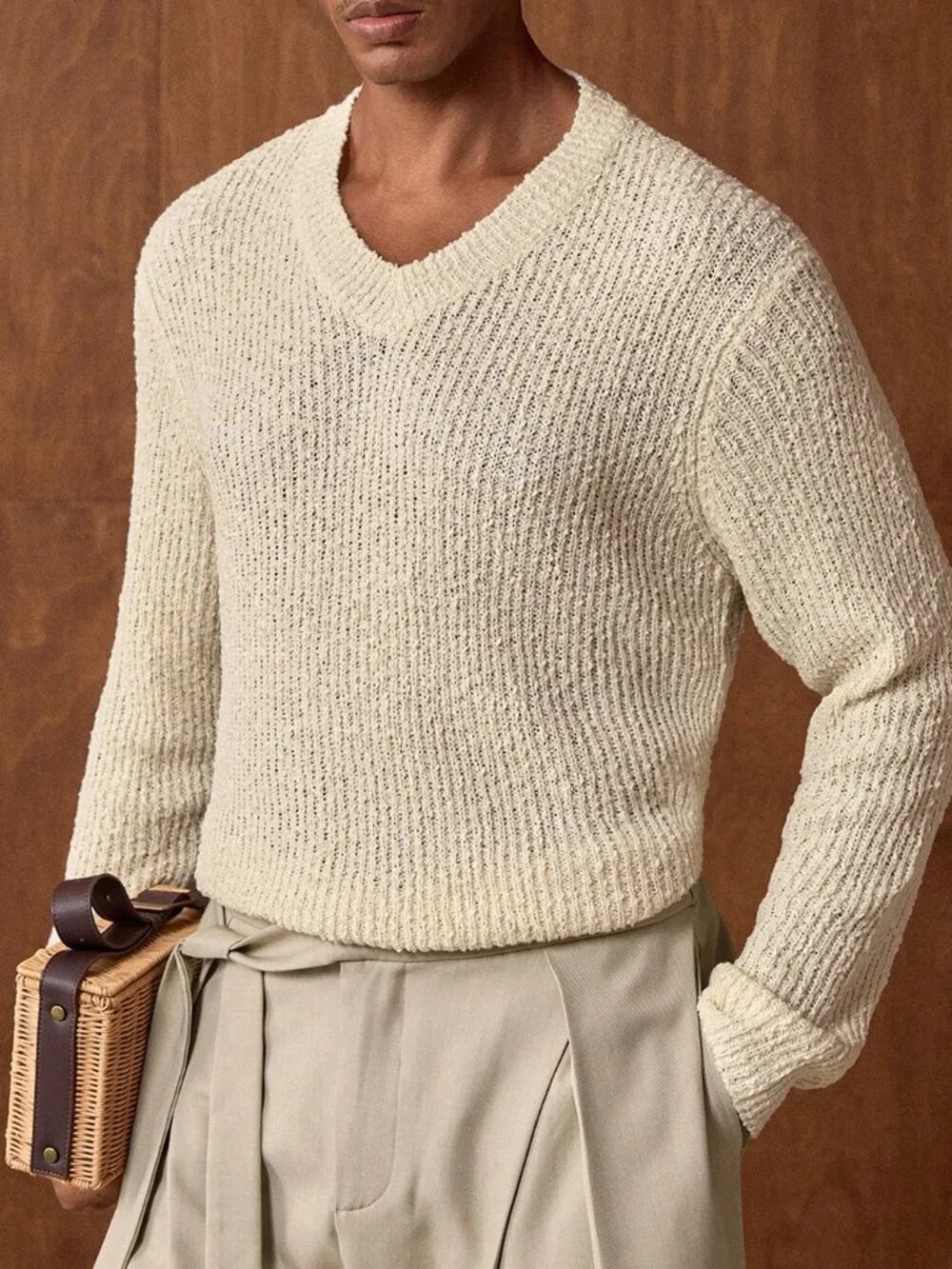 Apricot Casual Men's Ribbed V-Neck Long Sleeve Sweater